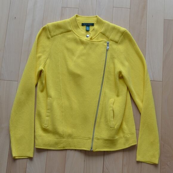 Lauren Ralph Lauren Yellow Cotton Moto Sweater Jacket Size M Asymmetric Zipper - Picture 1 of 4
